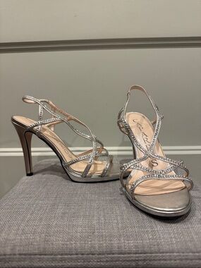 Caparros Silver Rhinestone Strappy High Heel Sandals 6.5